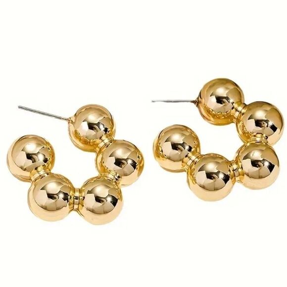 Geometric Sphere Ball C-Shaped Earrings Gold or Silver Tone - Picture 5 of 8